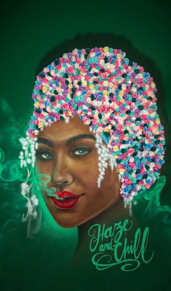 Grünes Mural mit floraler Afro-Frisur bei Haze and Chill in Kassel